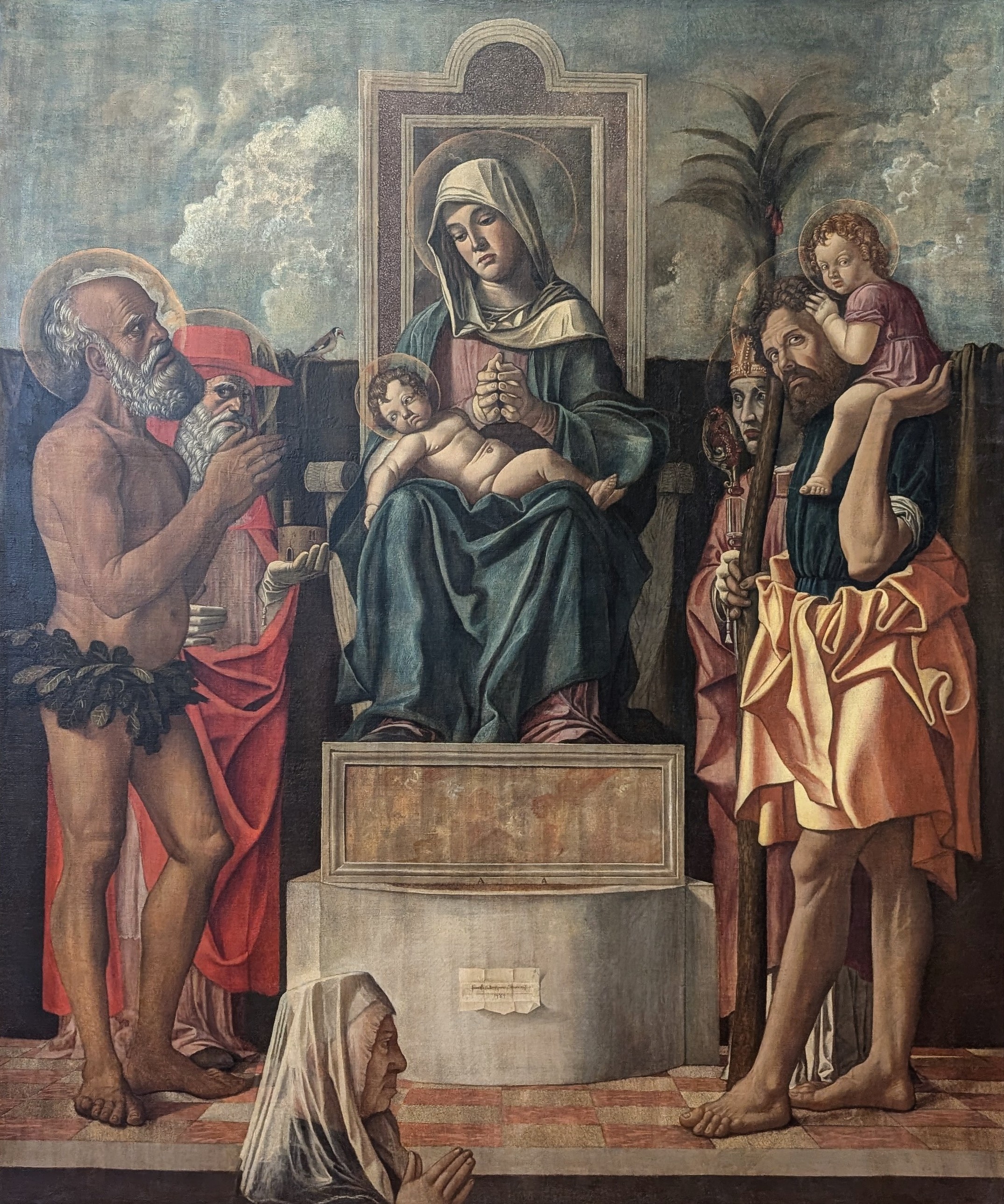 Madonna col Bambino in trono con i santi Onofrio, Girolamo, Cristoforo e un santo vescovo, e la donatrice Altobella Avog by Francesco Bonsignori