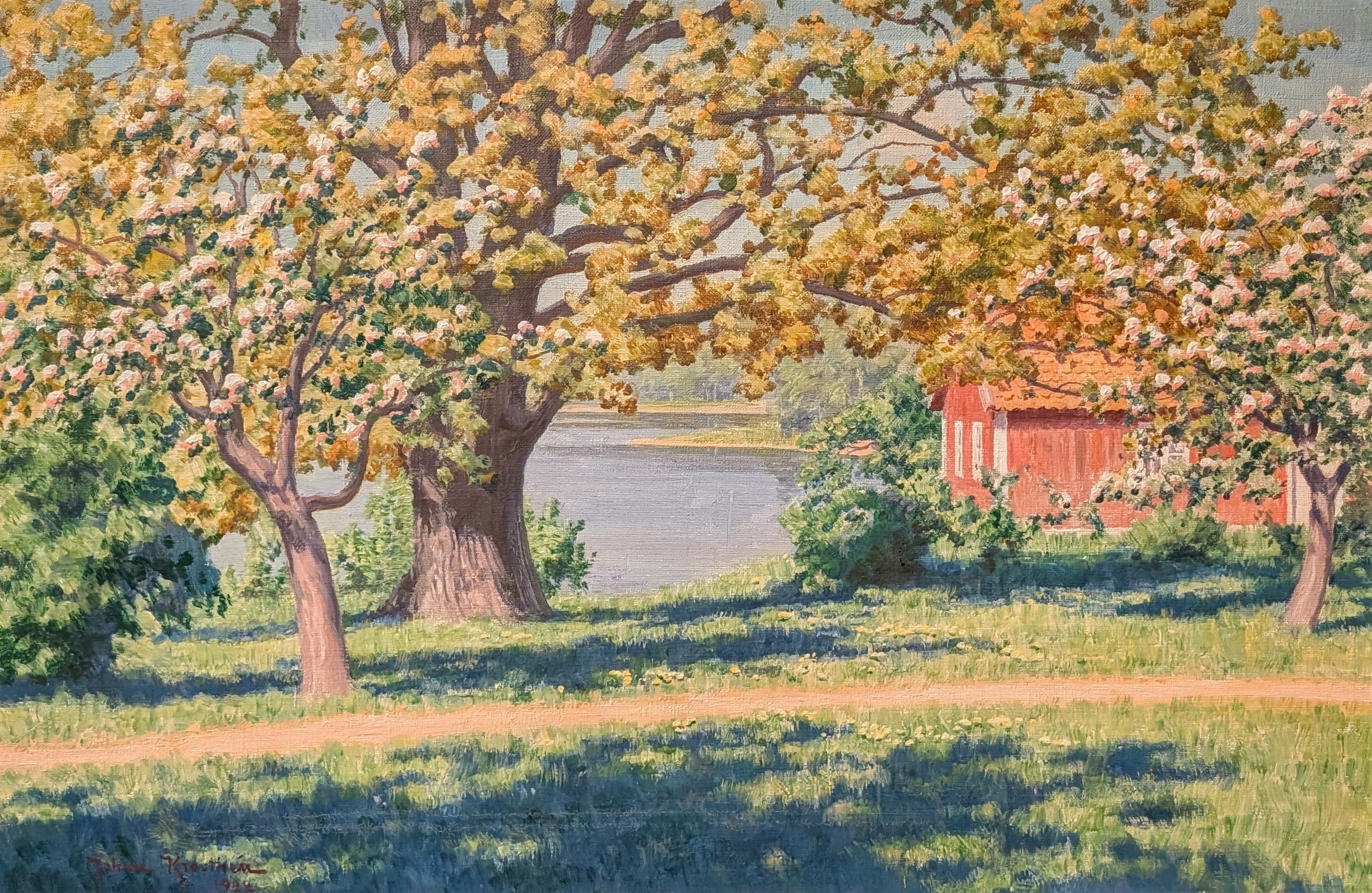 Landskap med blommande äppelträd by Johan Krouthén