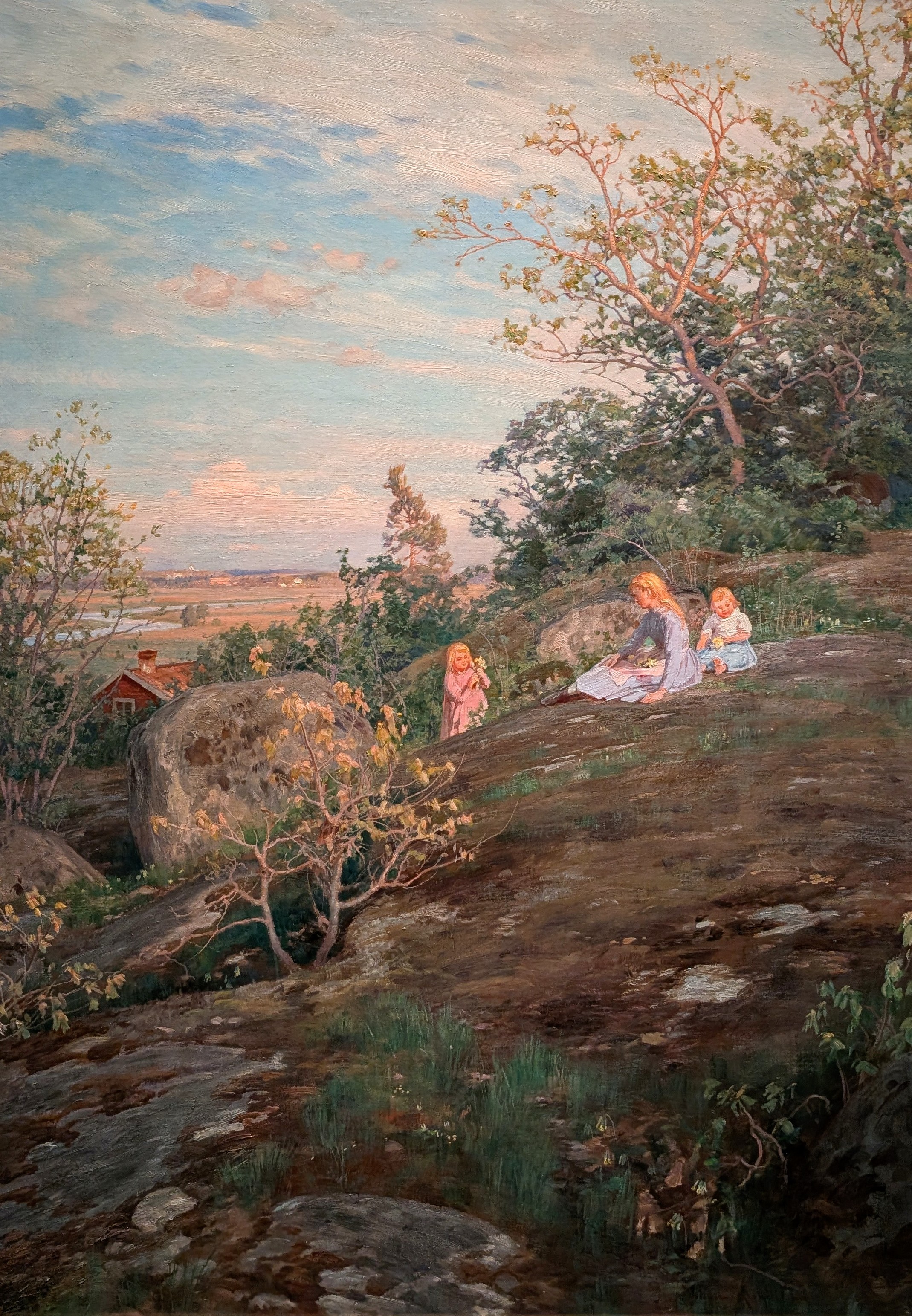 Vårlandskap med lekande barn by Johan Krouthén