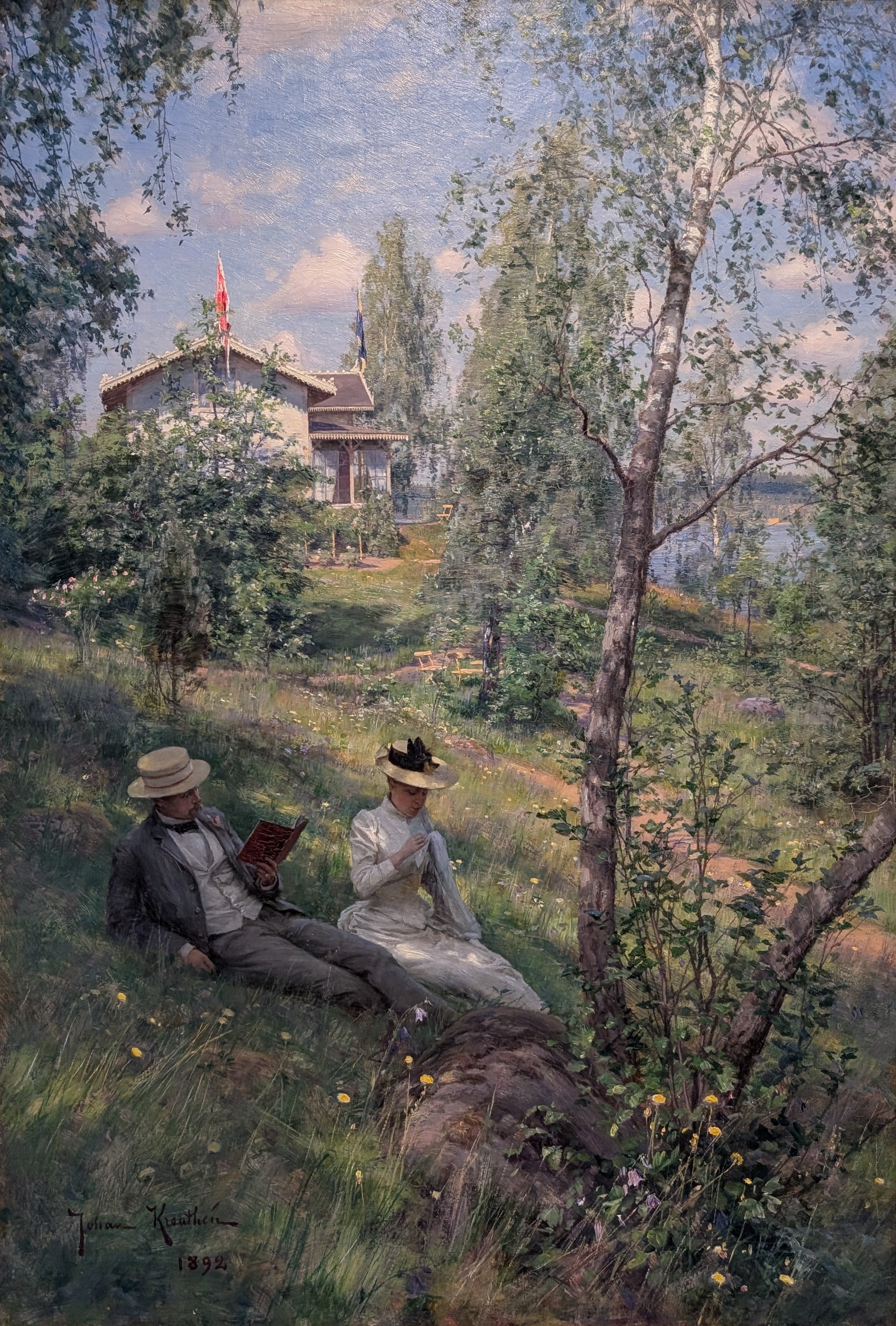 Porträtt av Julius Juhlin och Anna Krouthén vid björkbacken i Sommen by Johan Krouthén