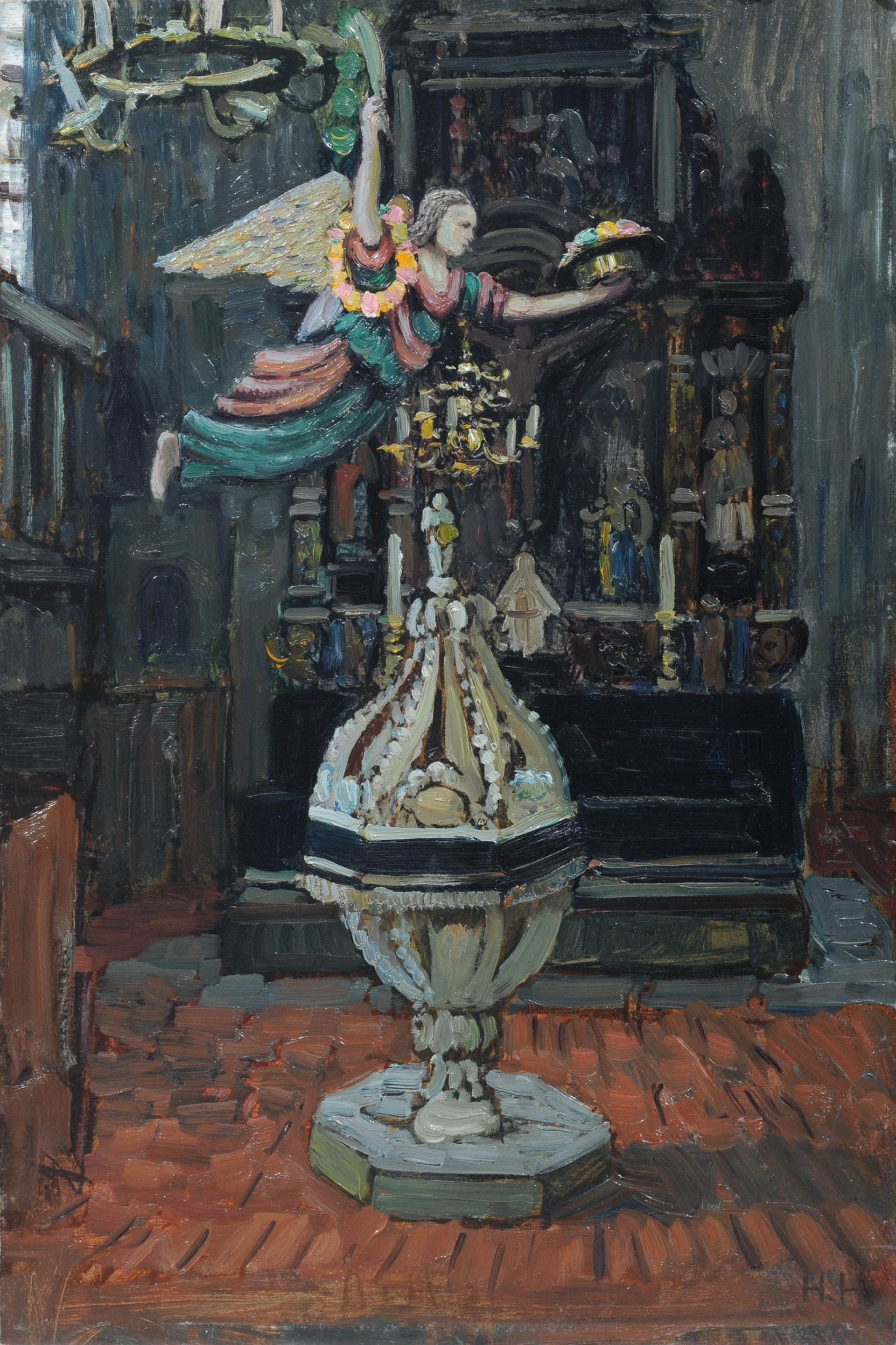 Kircheninterieur mit Leuchterengel (Pommern) by Hans Hartig