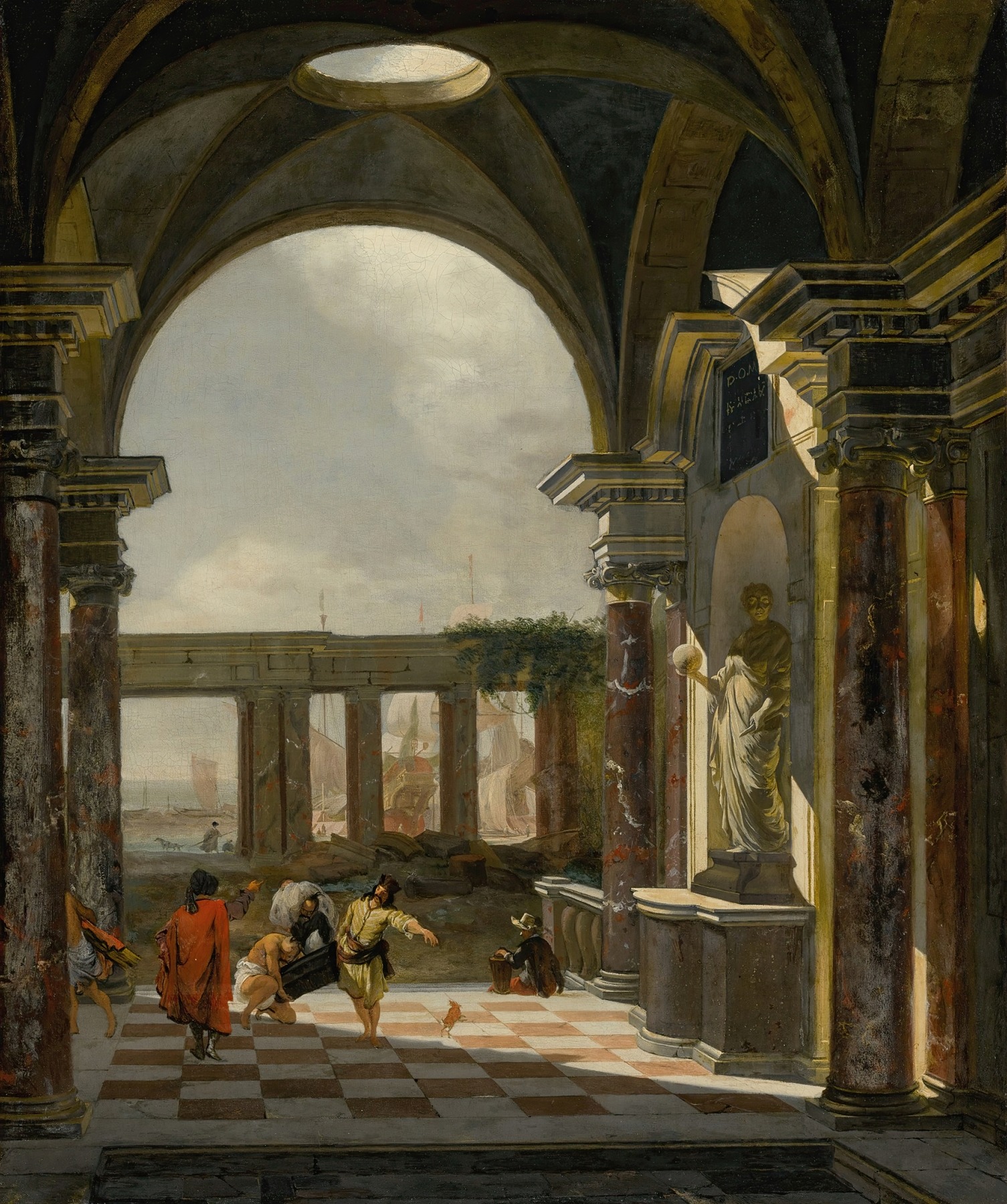 Architectural interior with foreign shippers, ruins and a shipyard beyond, Jan Baptist Weenix
