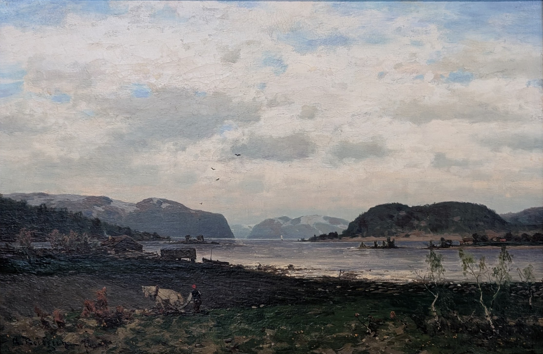 Norskt fjordlandskap med plöjande bonde by Axel Nordgren