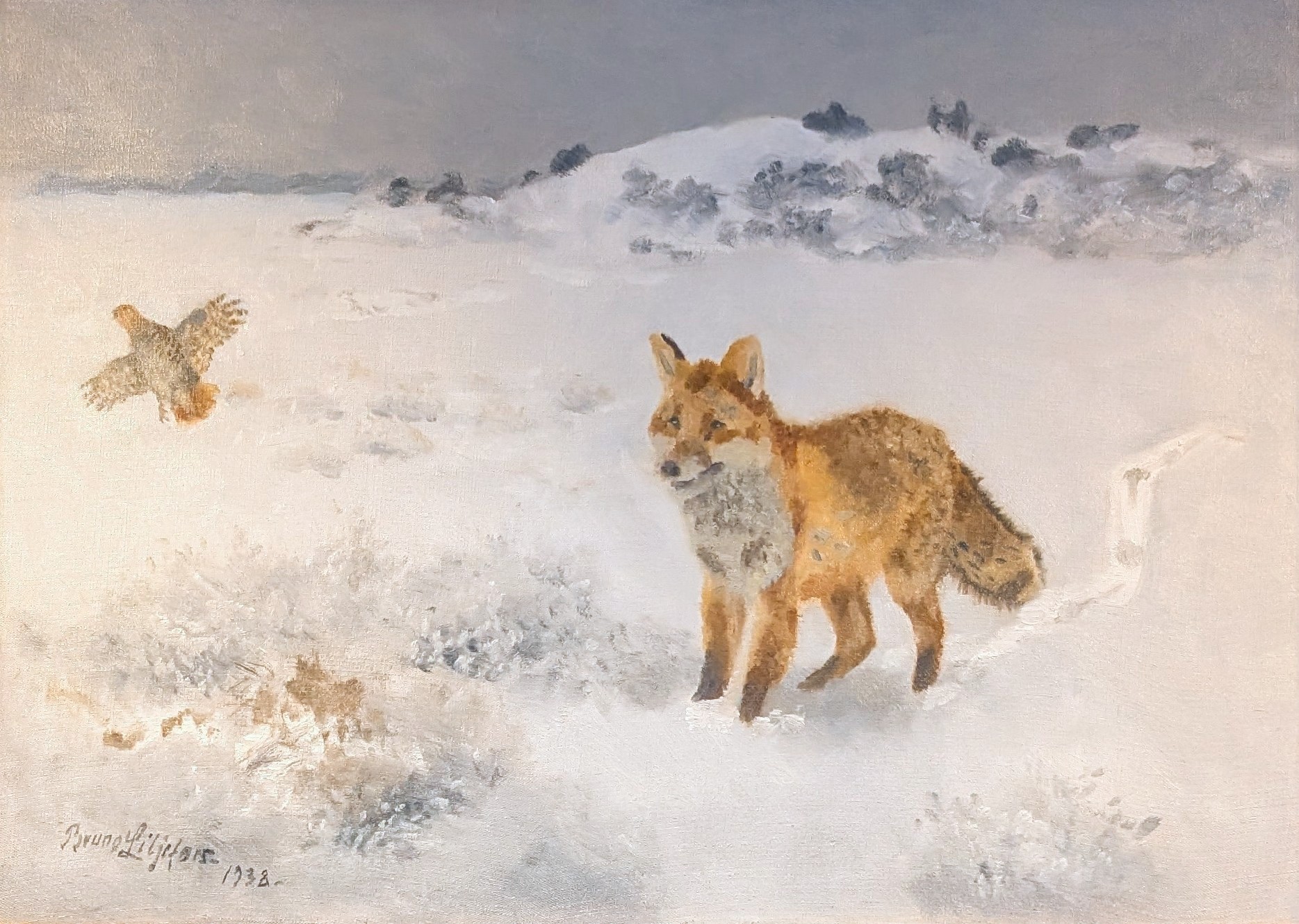 Räv och orrhöna i vinterlandskap by Bruno Liljefors