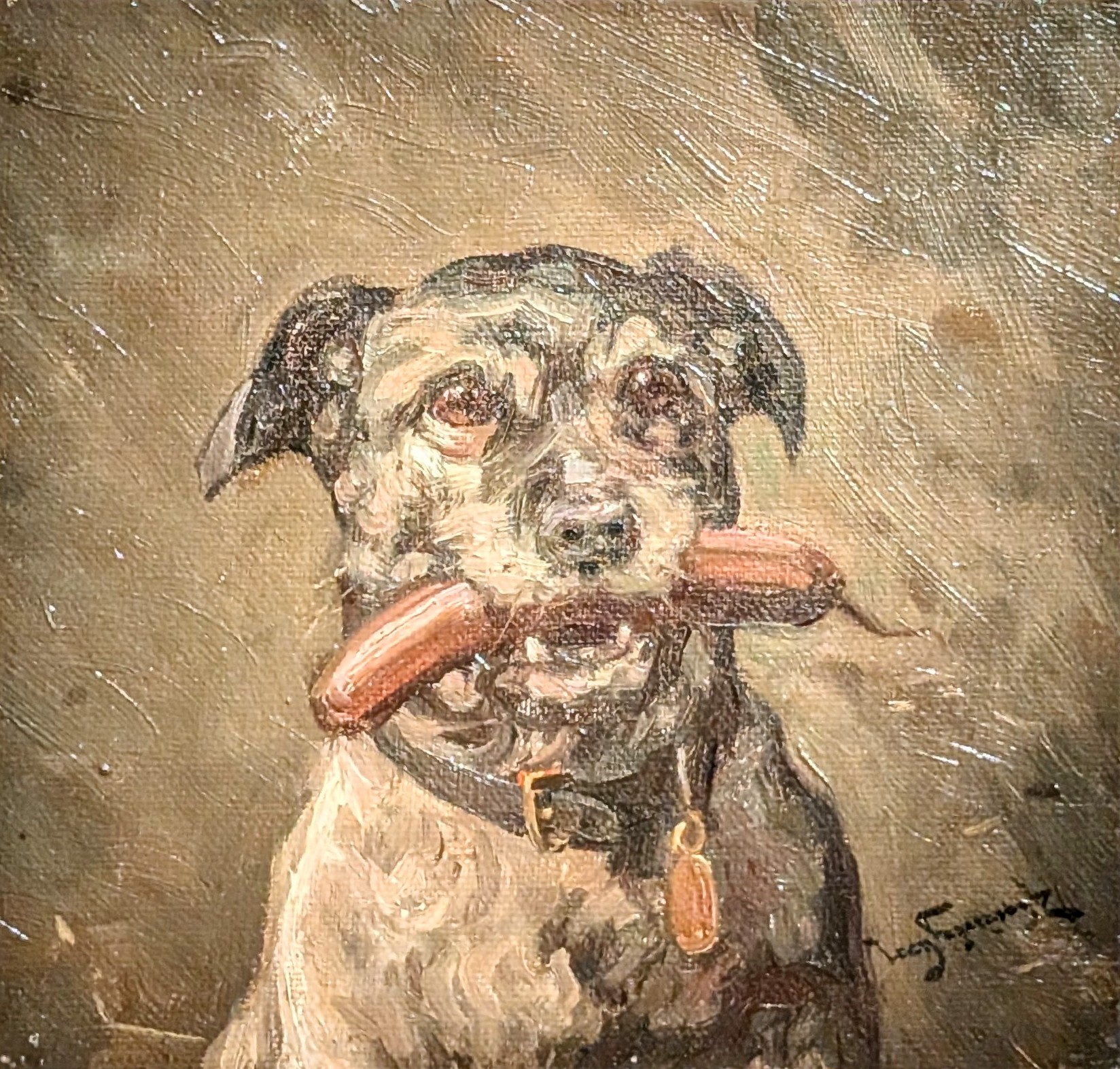 Hund med korv i mun by Leon Fagercrantz