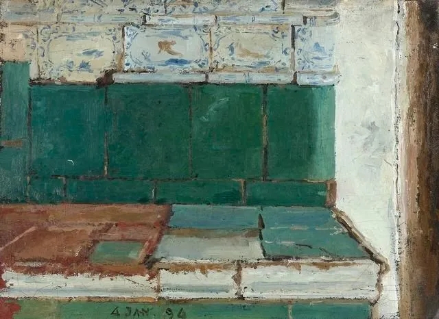 Green Tiled Stove by Albert Anker