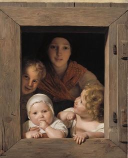 Young Peasant Woman with Three Children at the Window by Ferdinand Georg Waldmüller