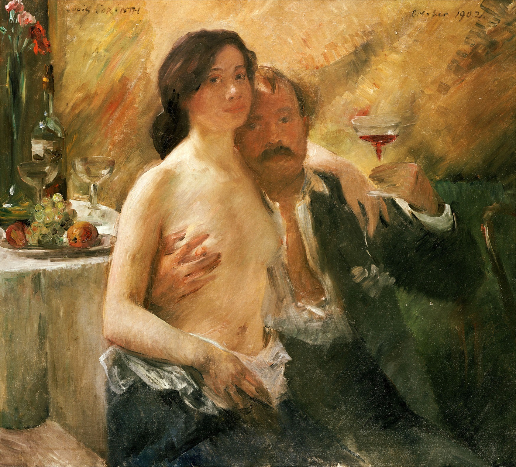 Selbstporträt mit seiner Frau und Sektglas by Lovis Corinth