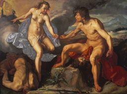 Juno receiving the eyes of Argus from Mercury by Hendrick Goltzius