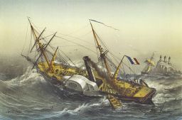 Steamer Fulton losing one of her boats in strong sea, off les Casquets by Louis Le Breton