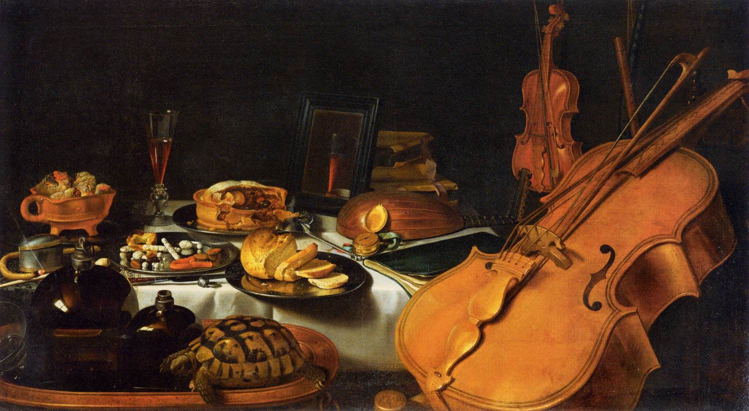 Still life with musical instruments on a laid table, Pieter Claesz