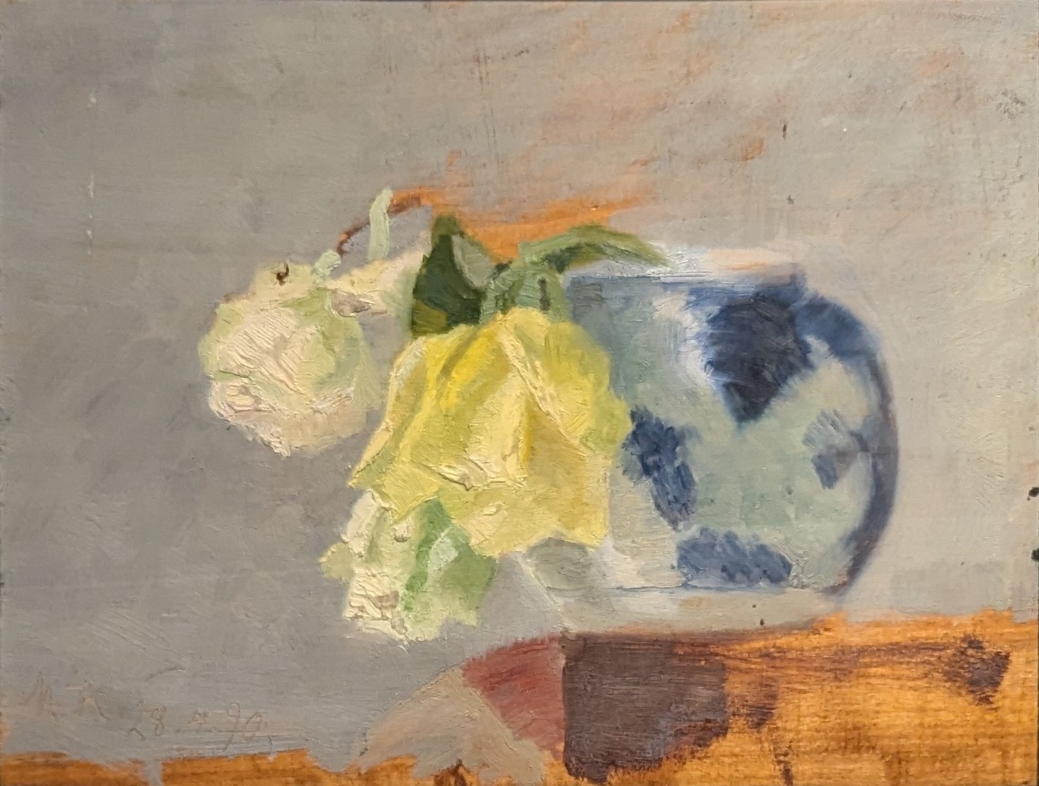 Roser i blåmønstret vase, 28 april 1890 by Marie Krøyer