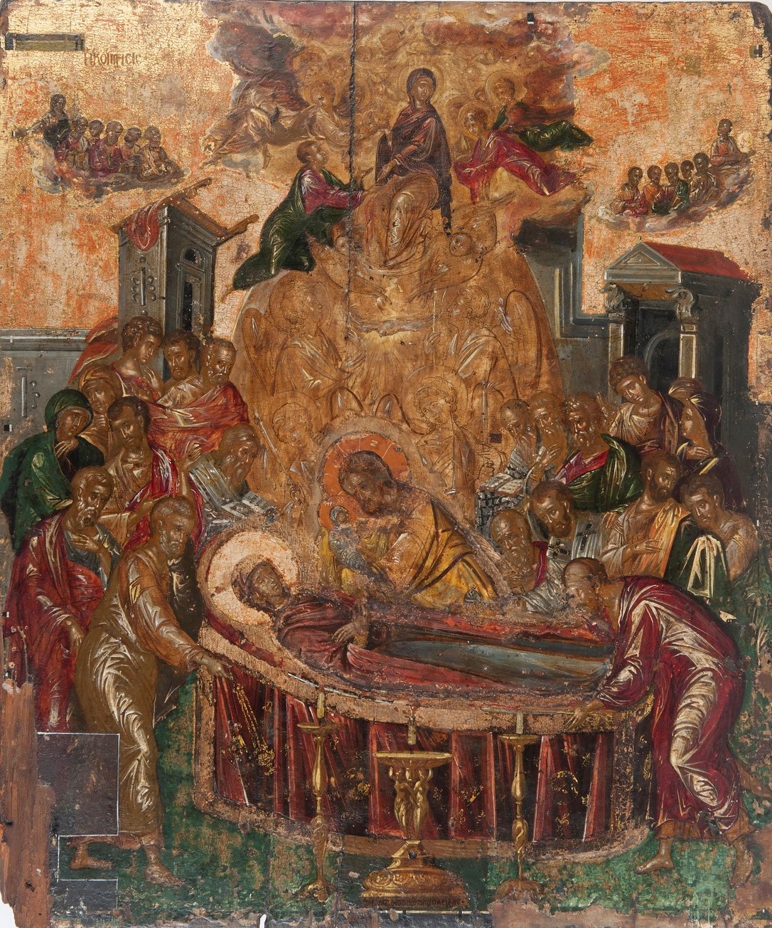 El Greco's early Byzantine icon painting with stylized figures, the work was completed by El Greco during his time in Crete