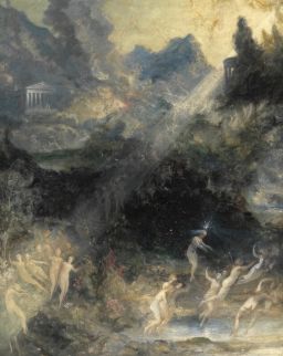 Mythological scenery with nymphs in golden light among classical temples in a mountainous region/Arcadia by William Etty