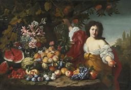 Still life of fruits and flowers with a figure by Guillaume Courtois