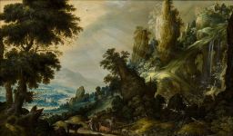 Mountainous landscape with a cattleman by Kerstiaen de Keuninck