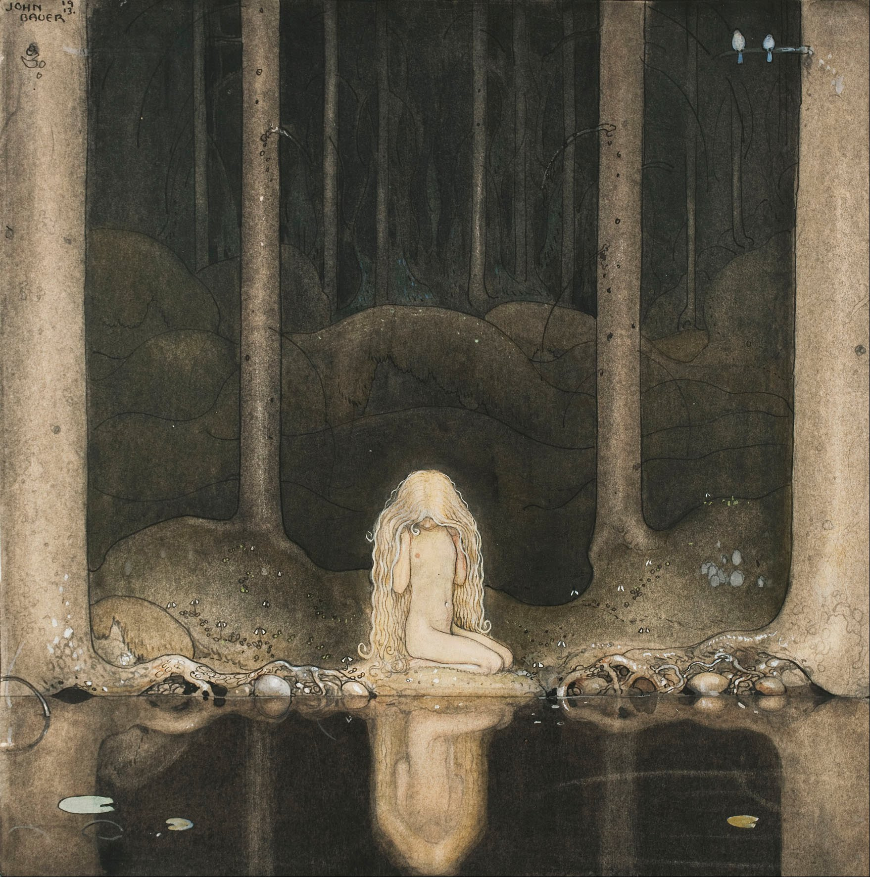 Princess Tuvstarr gazing down into the dark waters of the forest tarn, John Bauer